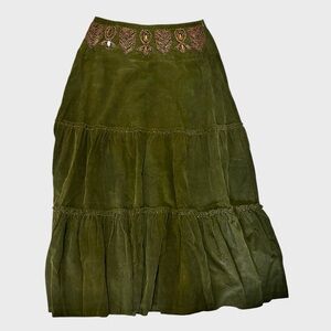 NEW Corduroy Skirt Small Olive Green Tiered Embroidered Beads Bronze 100% Cotton